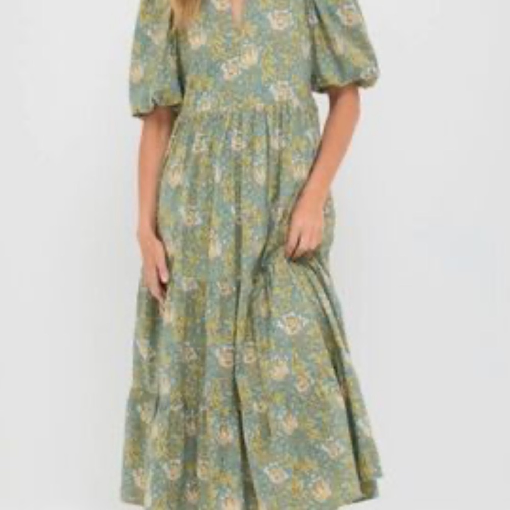 Tuckernuck Blue Green Leafy Floral Print Midi Hyacinth House Dress Size M NWT - Picture 2 of 7